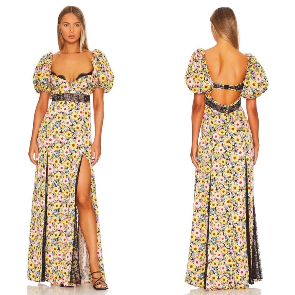 FOR LOVE & LEMONS Sylvia Floral Puff Sleeve Lace Bustier Maxi Dress Size XS
